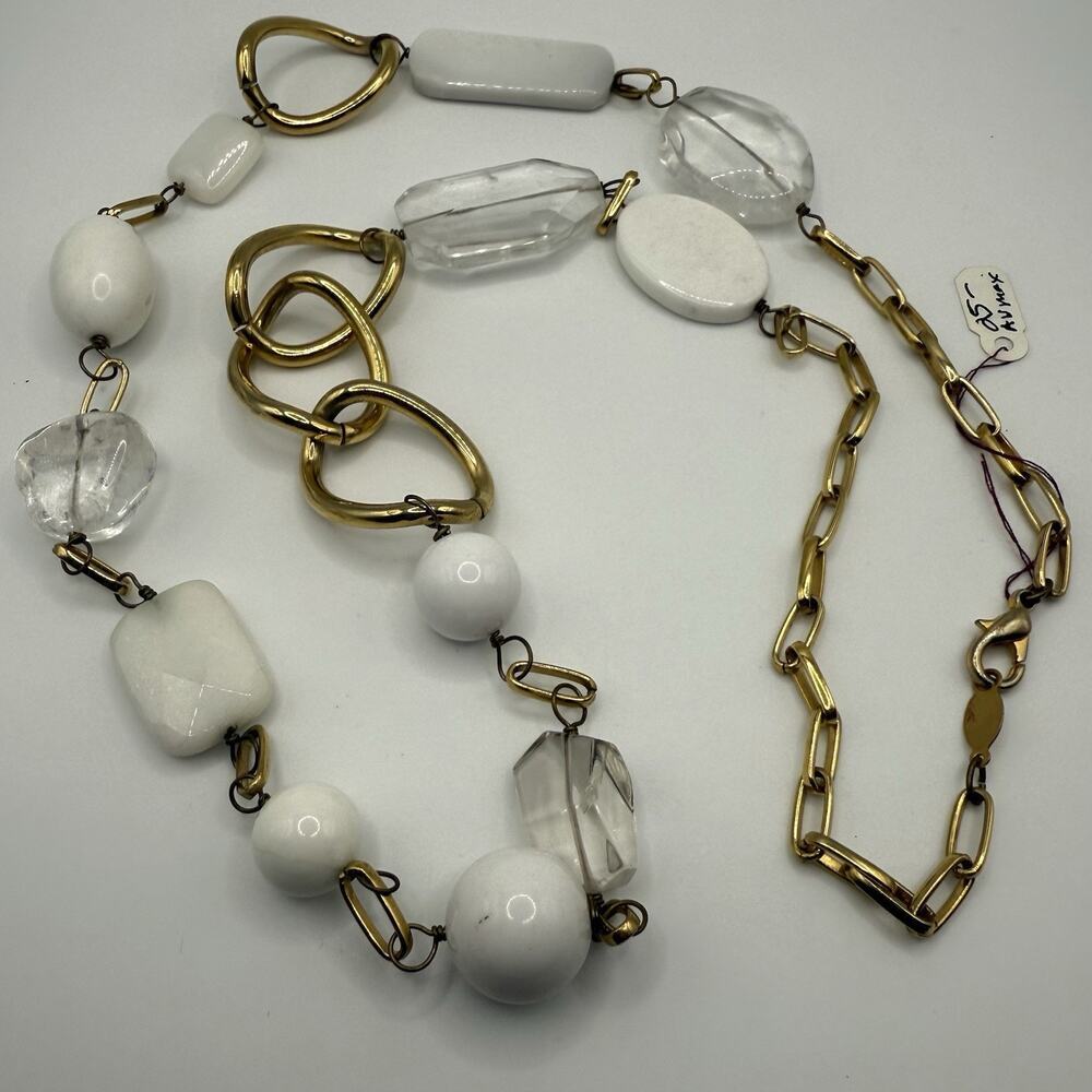 Vintage AV Max Statement Necklace Clear Milky Quartz Gold‎ Tone Paper Clip 32”